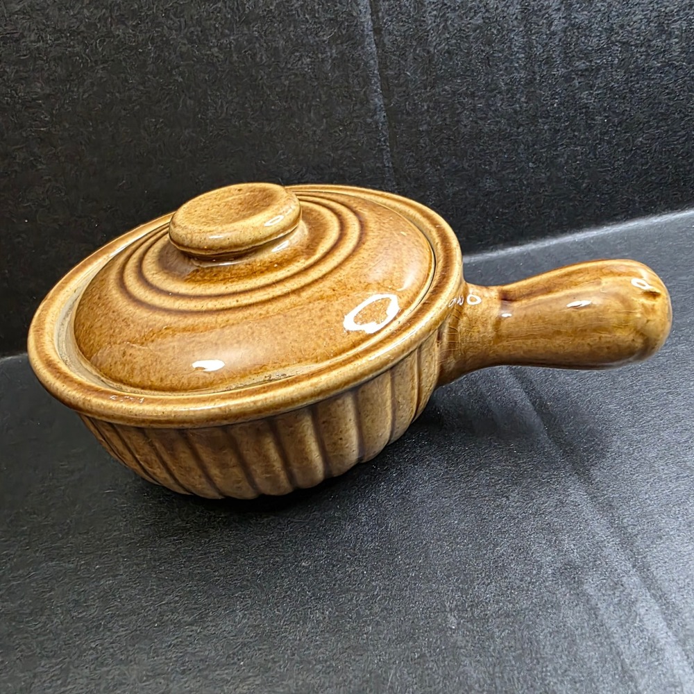 Vintage USA Pottery Brown Glazed Ceramic French Onion Soup Crock with Lid